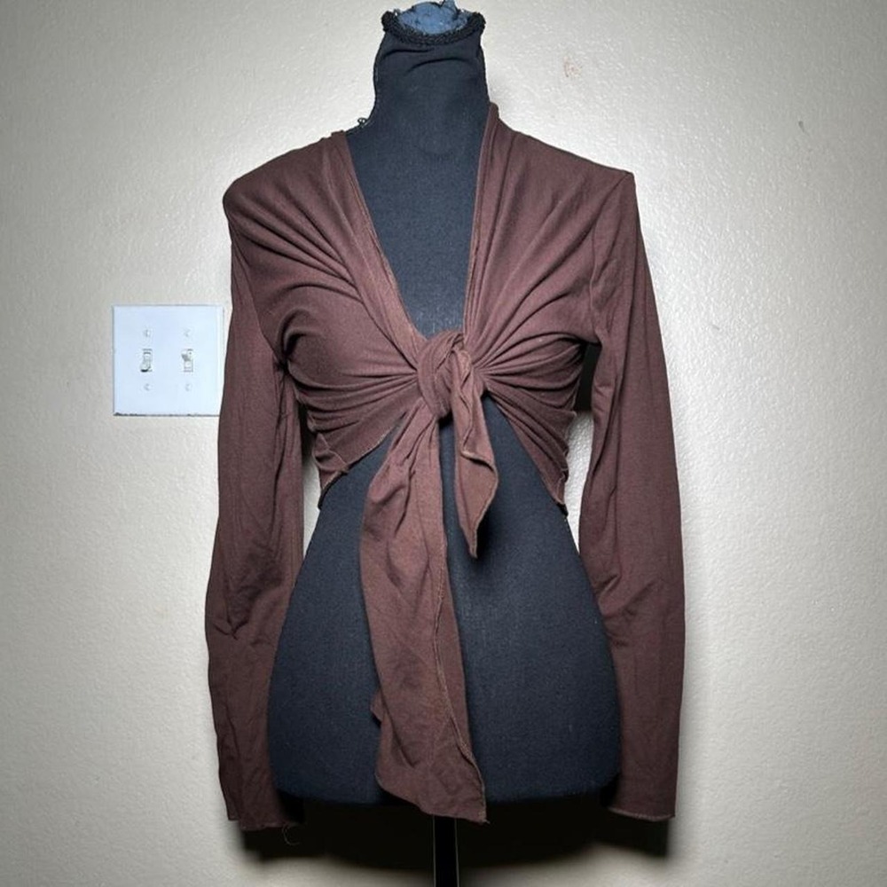 Vintage LA Blues 2000s Tie Front Long Sleeve Shrug Top Brown Medium Y2K Boho
